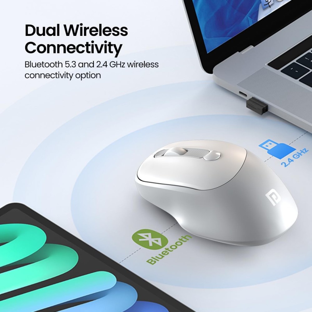 Portronics Toad 7 Wireless Mouse with Bluetooth 5.3 & 2.4GHz, Rechargeable Battery, Adjustable 3200 DPI, Ergonomic Mouse for Laptop, PC & Mac - (White)
