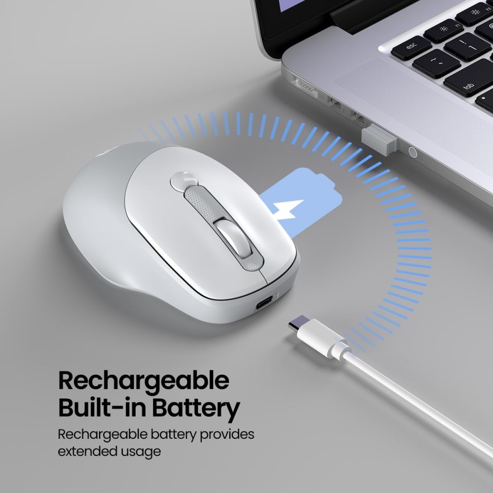 Portronics Toad 7 Wireless Mouse with Bluetooth 5.3 & 2.4GHz, Rechargeable Battery, Adjustable 3200 DPI, Ergonomic Mouse for Laptop, PC & Mac - (White)