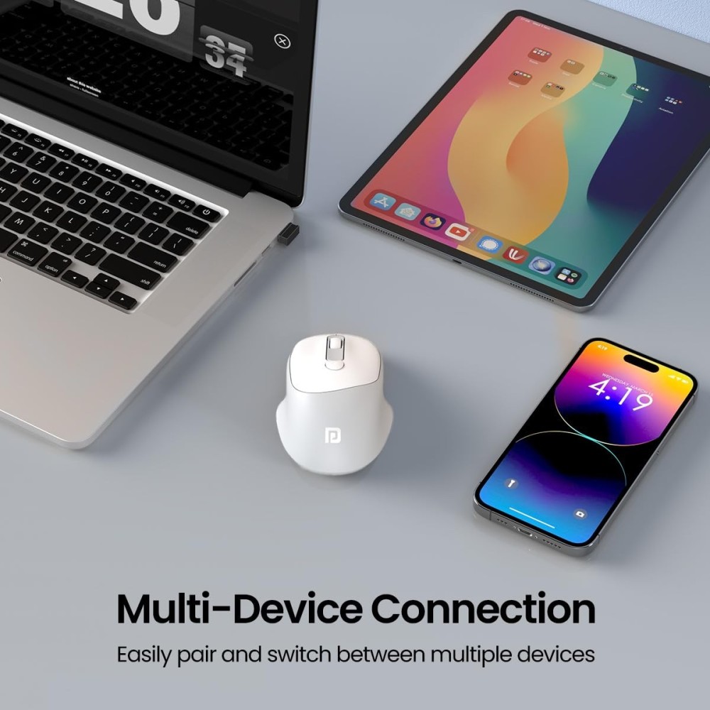 Portronics Toad 7 Wireless Mouse with Bluetooth 5.3 & 2.4GHz, Rechargeable Battery, Adjustable 3200 DPI, Ergonomic Mouse for Laptop, PC & Mac - (White)
