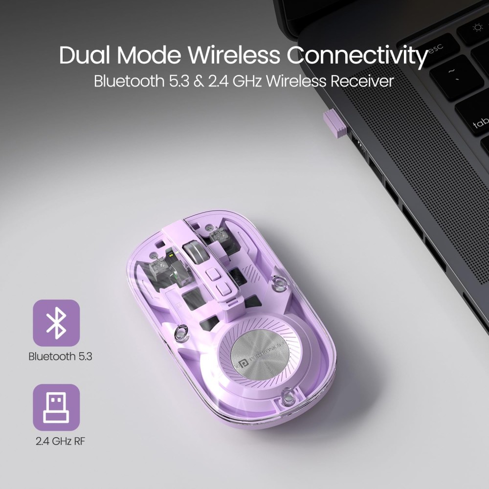 Portronics Toad 8 Transparent Wireless Bluetooth Mouse, Dual Mode (Bluetooth + 2.4GHz), Rechargeable, Silent Click, Adjustable DPI, Multi-Device - (Purple)