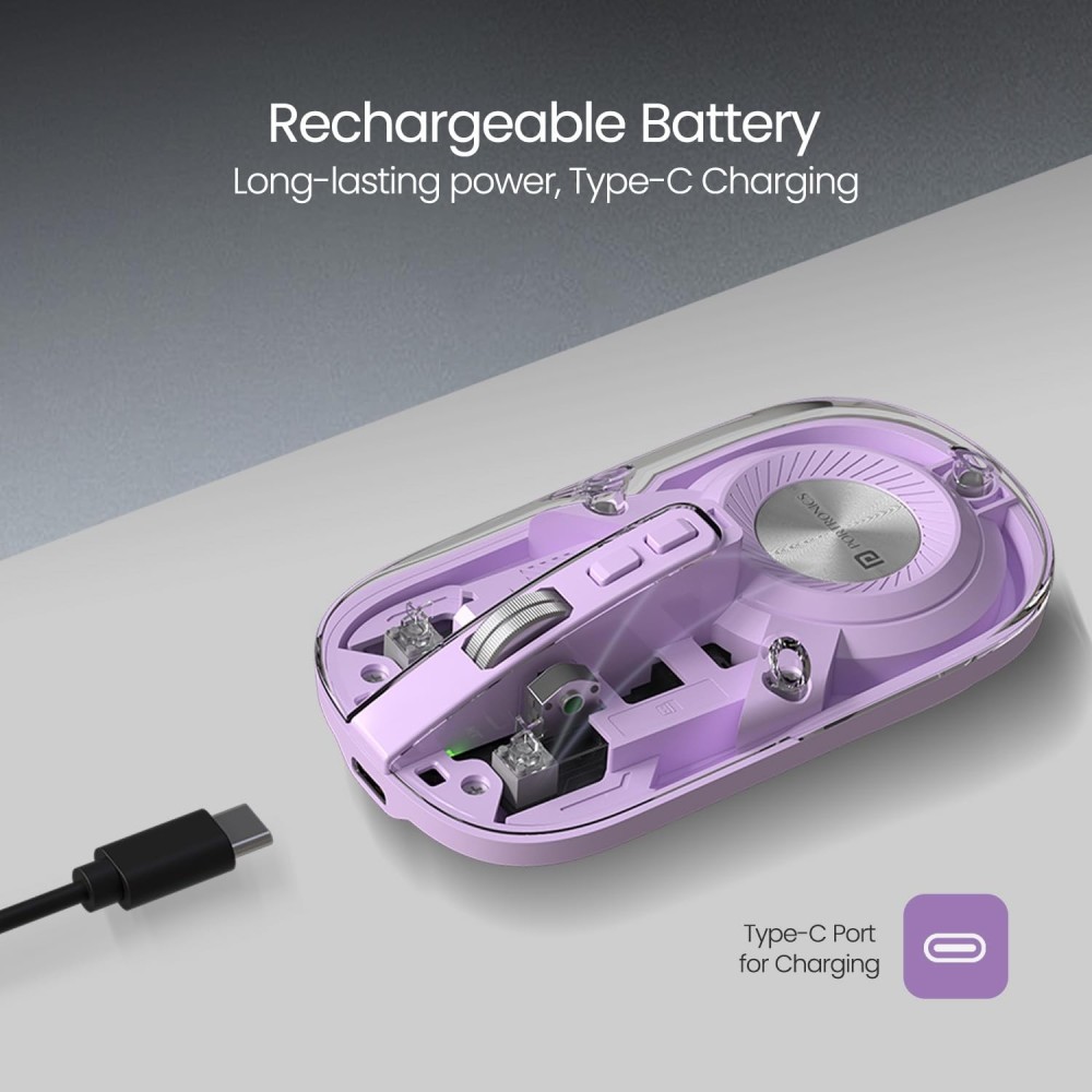 Portronics Toad 8 Transparent Wireless Bluetooth Mouse, Dual Mode (Bluetooth + 2.4GHz), Rechargeable, Silent Click, Adjustable DPI, Multi-Device - (Purple)