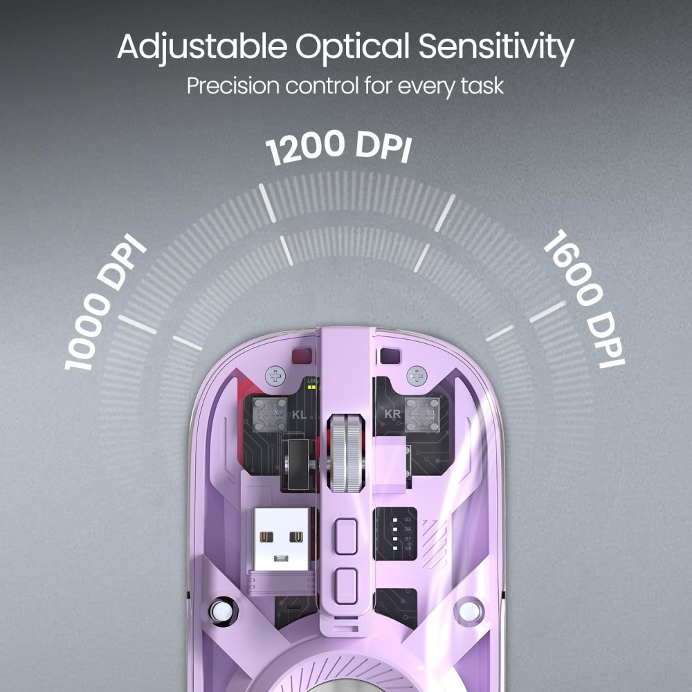 Portronics Toad 8 Transparent Wireless Bluetooth Mouse, Dual Mode (Bluetooth + 2.4GHz), Rechargeable, Silent Click, Adjustable DPI, Multi-Device - (Purple)