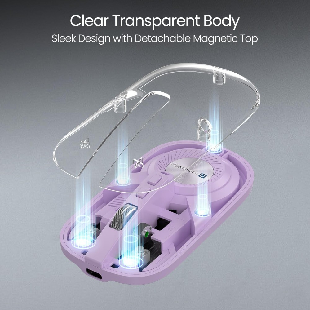Portronics Toad 8 Transparent Wireless Bluetooth Mouse, Dual Mode (Bluetooth + 2.4GHz), Rechargeable, Silent Click, Adjustable DPI, Multi-Device - (Purple)