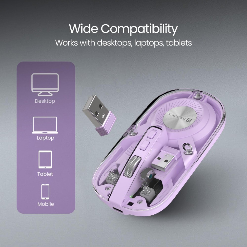 Portronics Toad 8 Transparent Wireless Bluetooth Mouse, Dual Mode (Bluetooth + 2.4GHz), Rechargeable, Silent Click, Adjustable DPI, Multi-Device - (Purple)