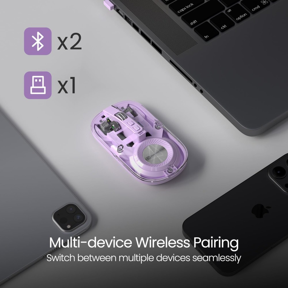 Portronics Toad 8 Transparent Wireless Bluetooth Mouse, Dual Mode (Bluetooth + 2.4GHz), Rechargeable, Silent Click, Adjustable DPI, Multi-Device - (Purple)