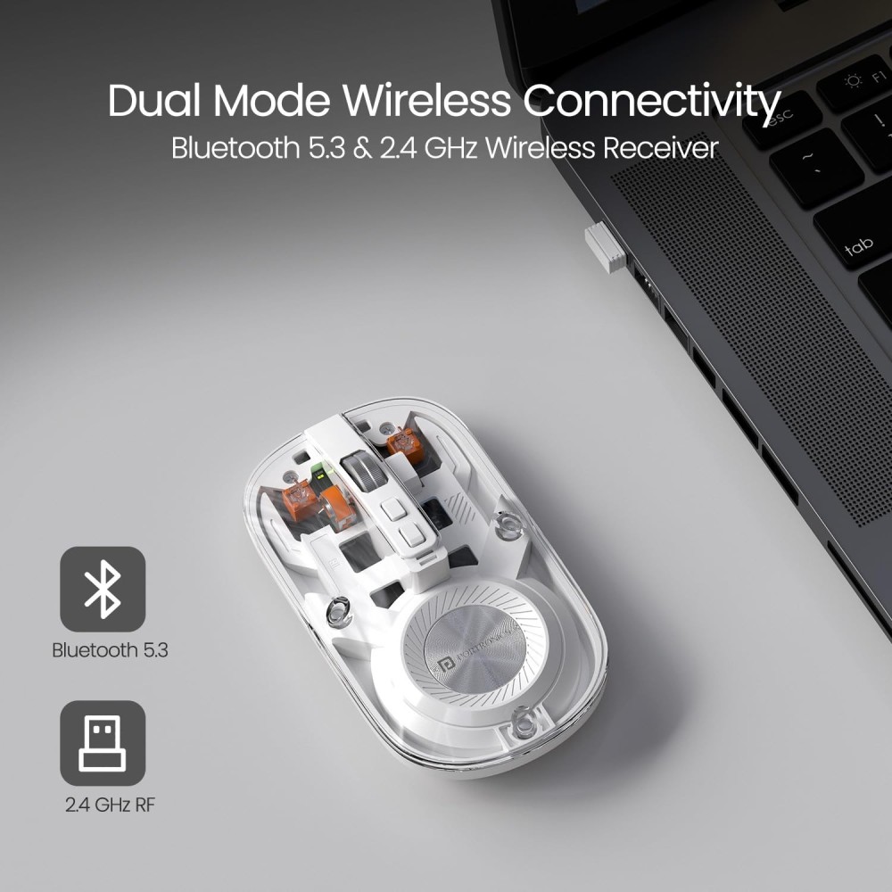 Portronics Toad 8 Transparent Wireless Bluetooth Mouse, Dual Mode (Bluetooth + 2.4GHz), Rechargeable, Silent Click, Adjustable DPI, Multi-Device - (White)