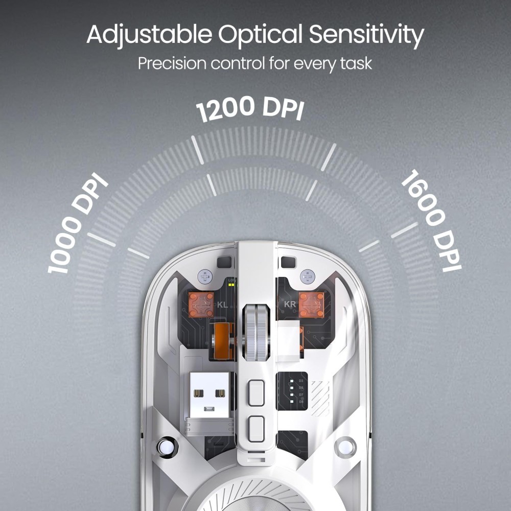 Portronics Toad 8 Transparent Wireless Bluetooth Mouse, Dual Mode (Bluetooth + 2.4GHz), Rechargeable, Silent Click, Adjustable DPI, Multi-Device - (White)