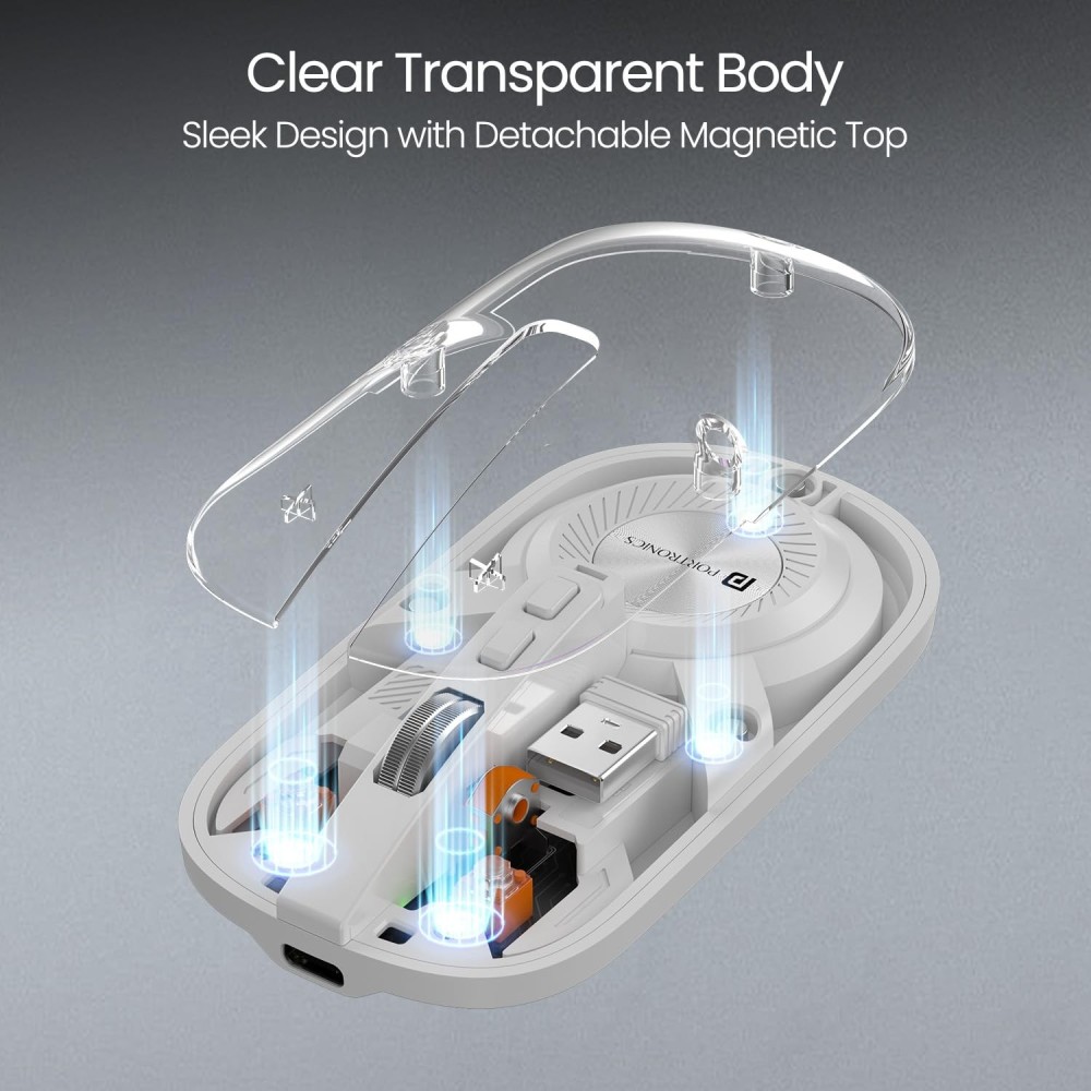 Portronics Toad 8 Transparent Wireless Bluetooth Mouse, Dual Mode (Bluetooth + 2.4GHz), Rechargeable, Silent Click, Adjustable DPI, Multi-Device - (White)