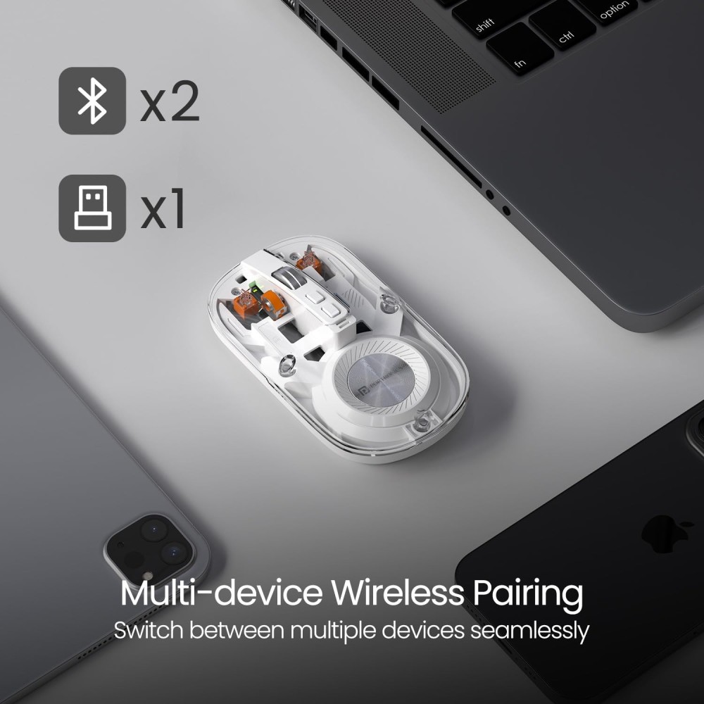 Portronics Toad 8 Transparent Wireless Bluetooth Mouse, Dual Mode (Bluetooth + 2.4GHz), Rechargeable, Silent Click, Adjustable DPI, Multi-Device - (White)