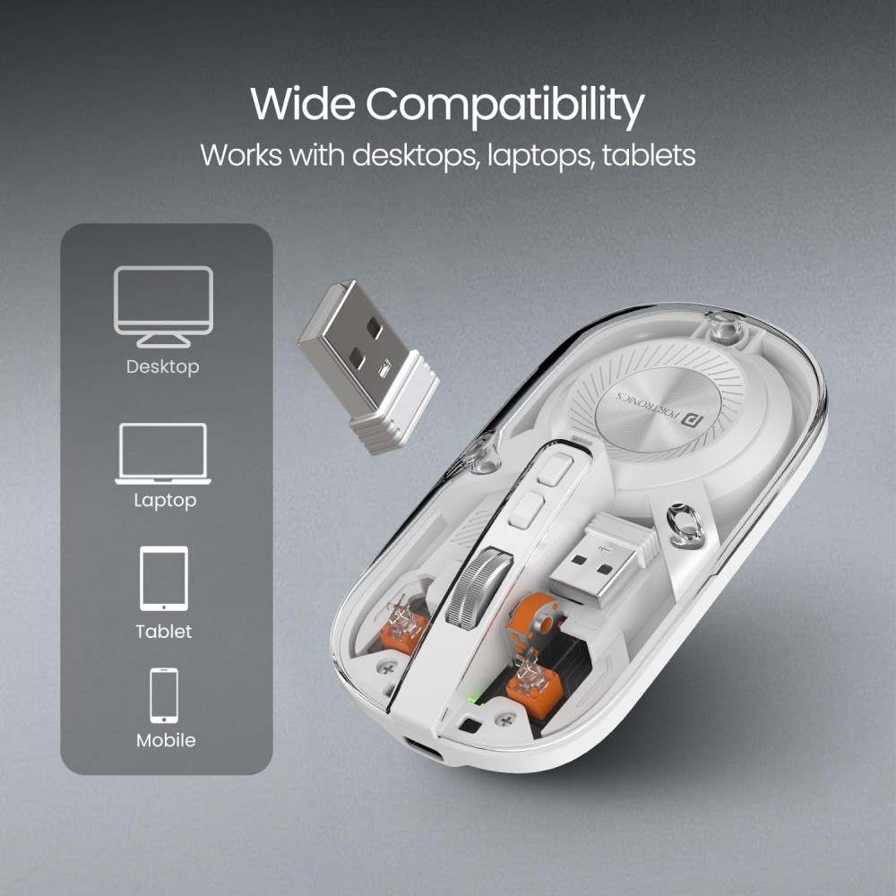 Portronics Toad 8 Transparent Wireless Bluetooth Mouse, Dual Mode (Bluetooth + 2.4GHz), Rechargeable, Silent Click, Adjustable DPI, Multi-Device - (White)
