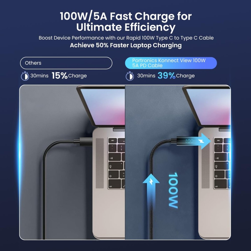 Portronics Konnect View 100W Type-C to Type-C Fast Charging Cable with LED Display (2M)