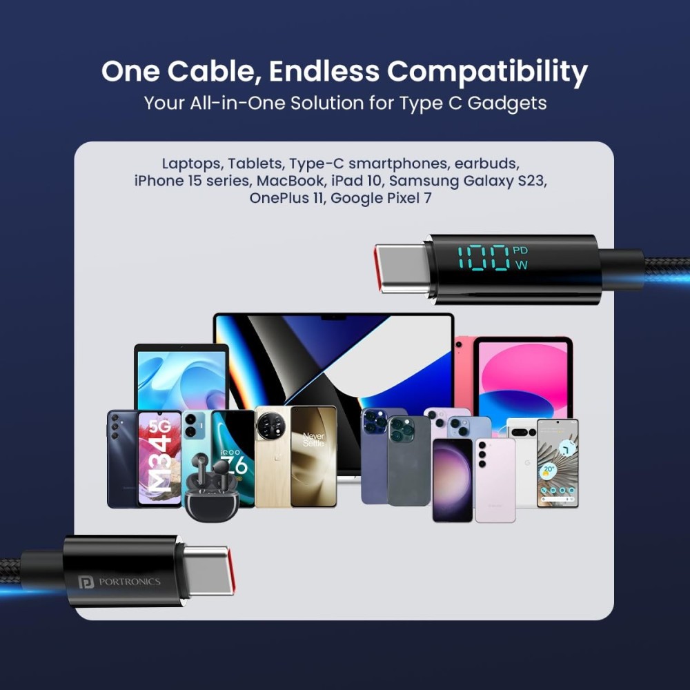 Portronics Konnect View 100W Type-C to Type-C Fast Charging Cable with LED Display (2M)