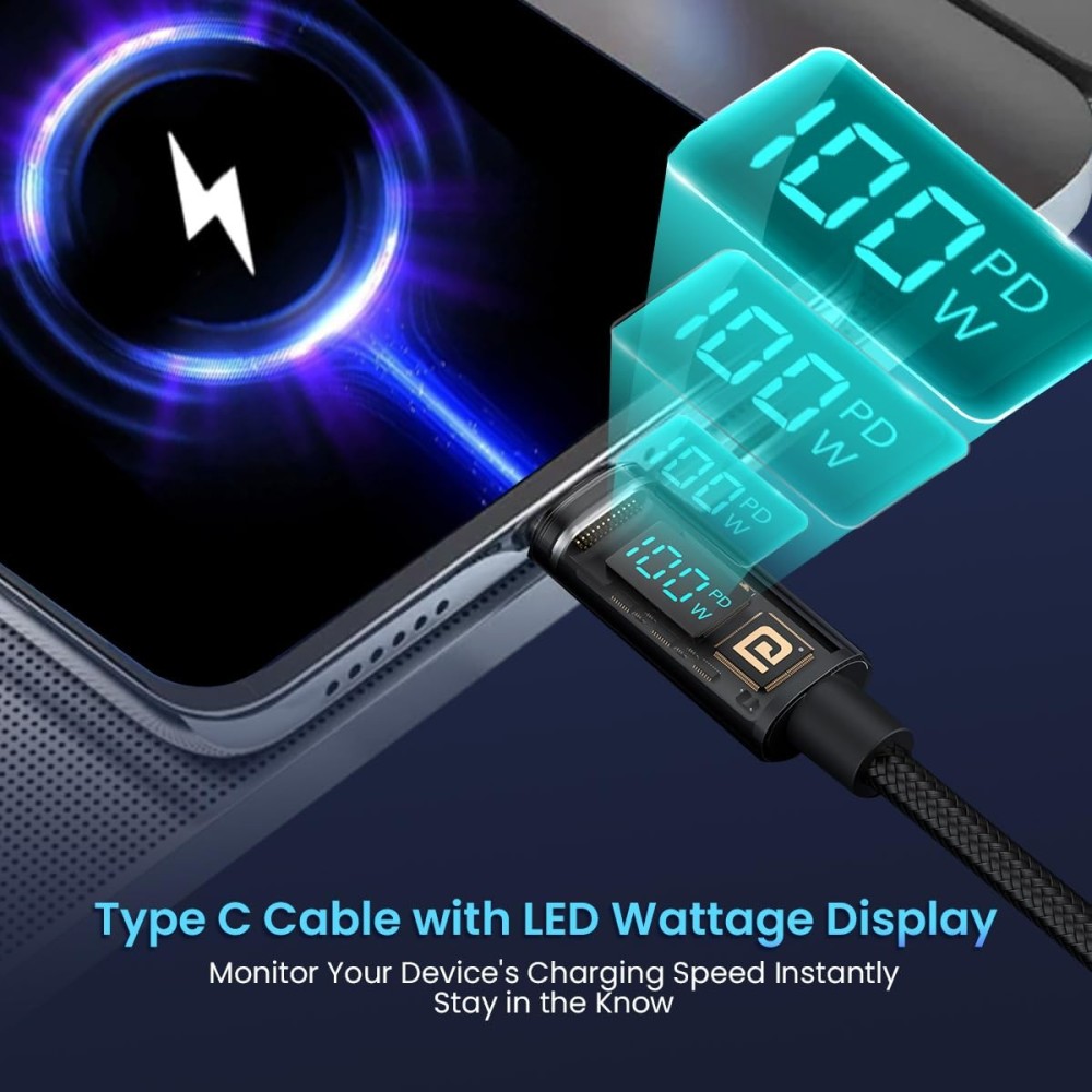 Portronics Konnect View 100W Type-C to Type-C Fast Charging Cable with LED Display (2M)