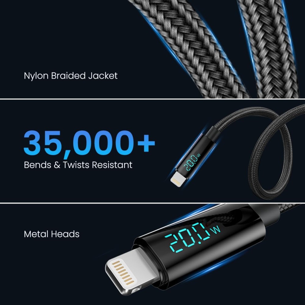 Portronics Konnect View 20W USB to 8-Pin Fast Charging Cable with LED Display (1.2M, Black)