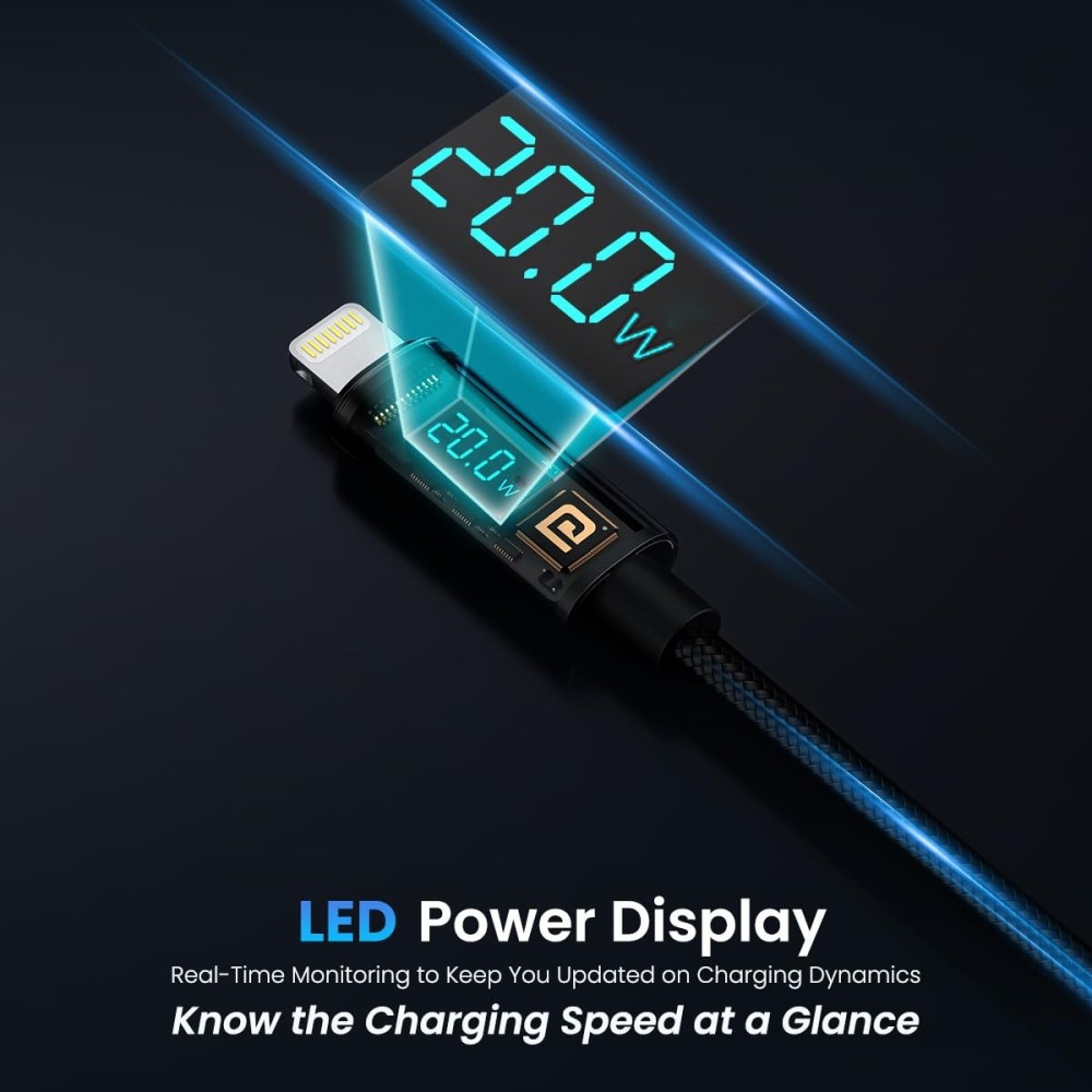 Portronics Konnect View 20W USB to 8-Pin Fast Charging Cable with LED Display (1.2M, Black)