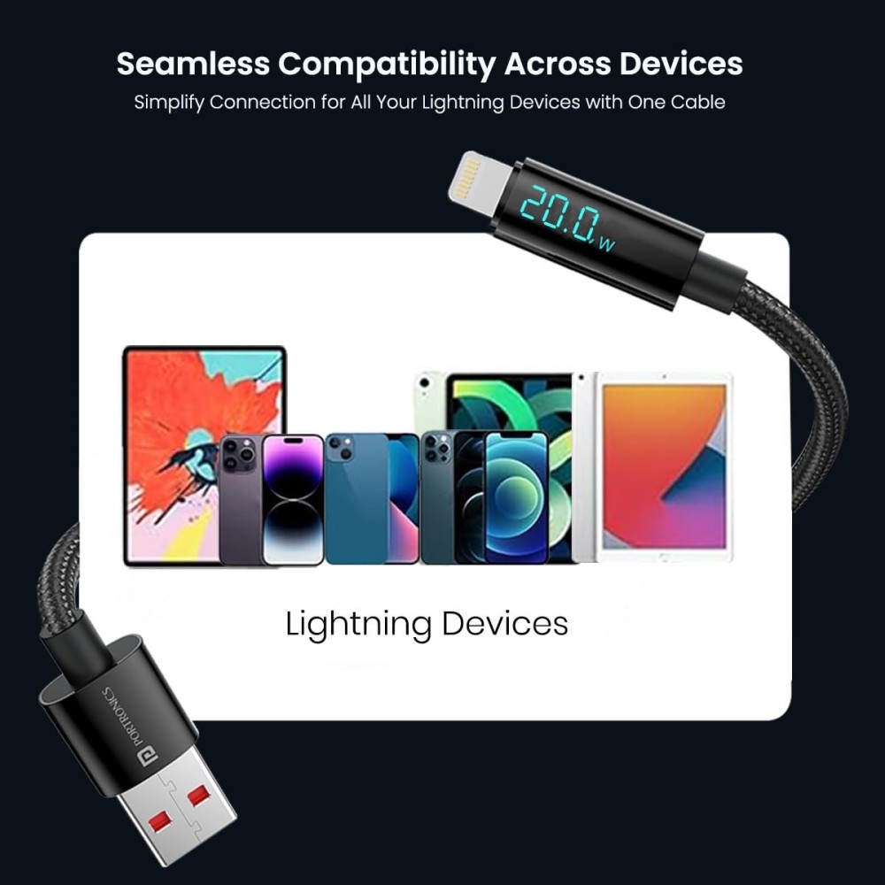 Portronics Konnect View 20W USB to 8-Pin Fast Charging Cable with LED Display (1.2M, Black)