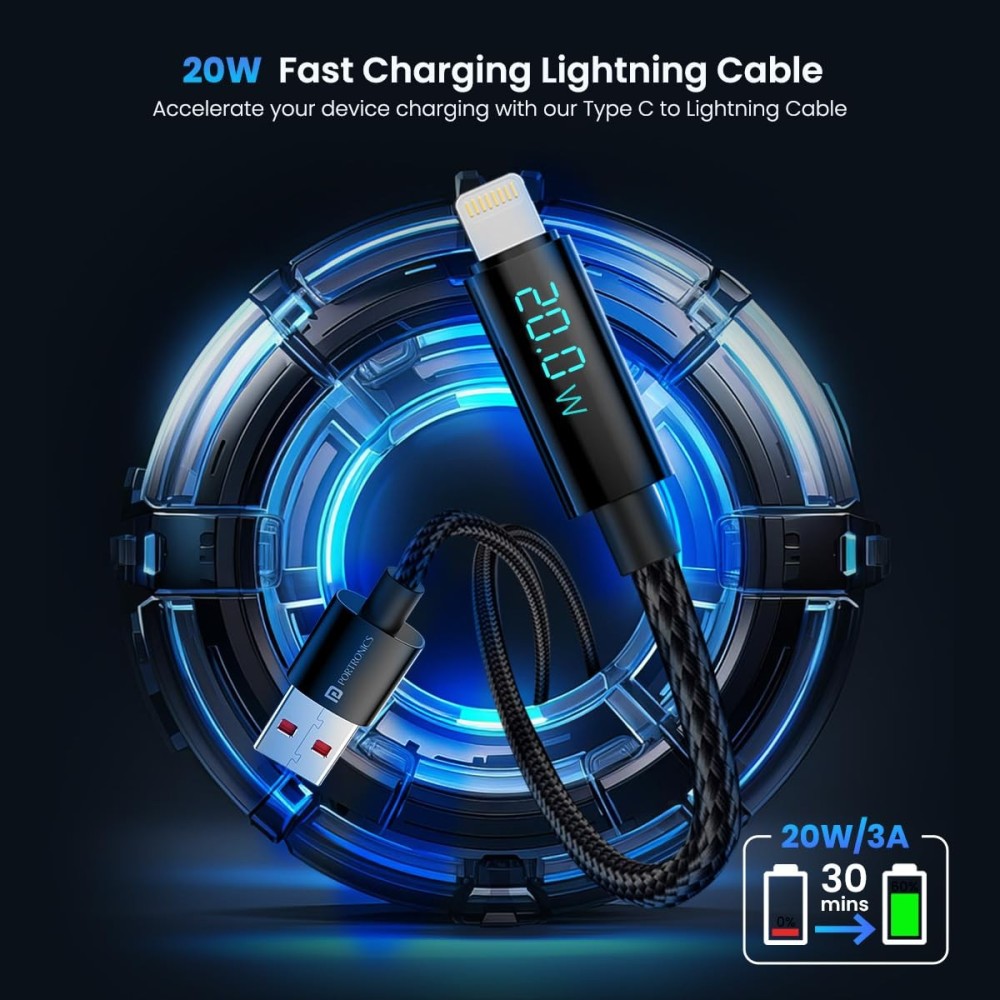 Portronics Konnect View 20W USB to 8-Pin Fast Charging Cable with LED Display (1.2M, Black)