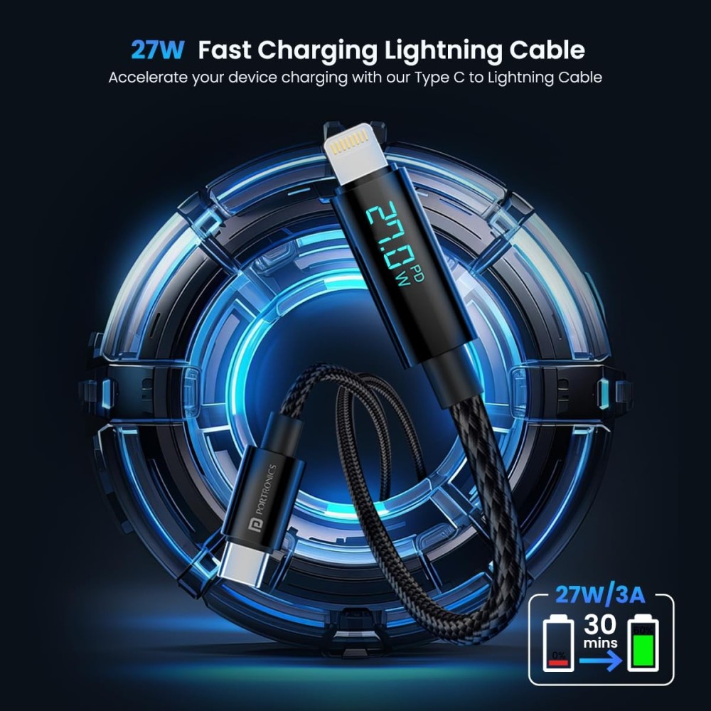 Portronics Konnect View 3A 27W Type-C to Lightning Cable (1.2M)