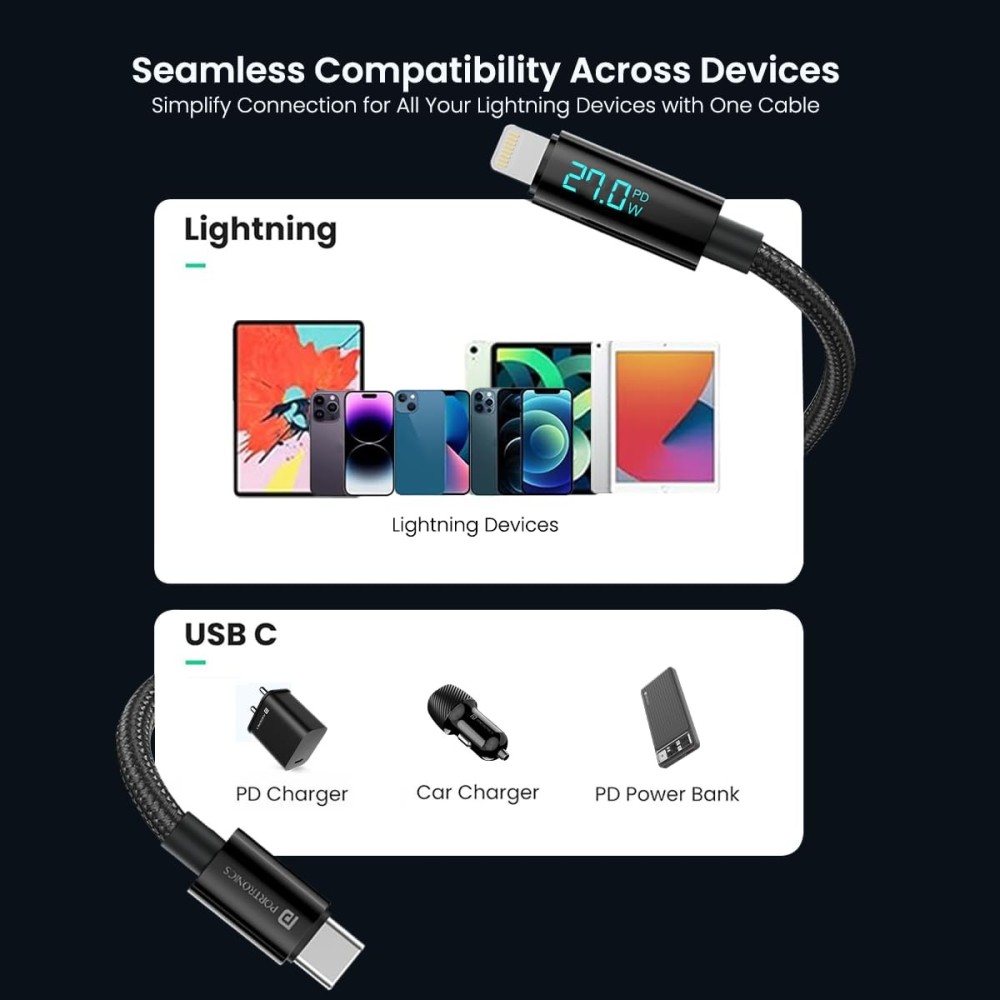 Portronics Konnect View 3A 27W Type-C to Lightning Cable (1.2M)