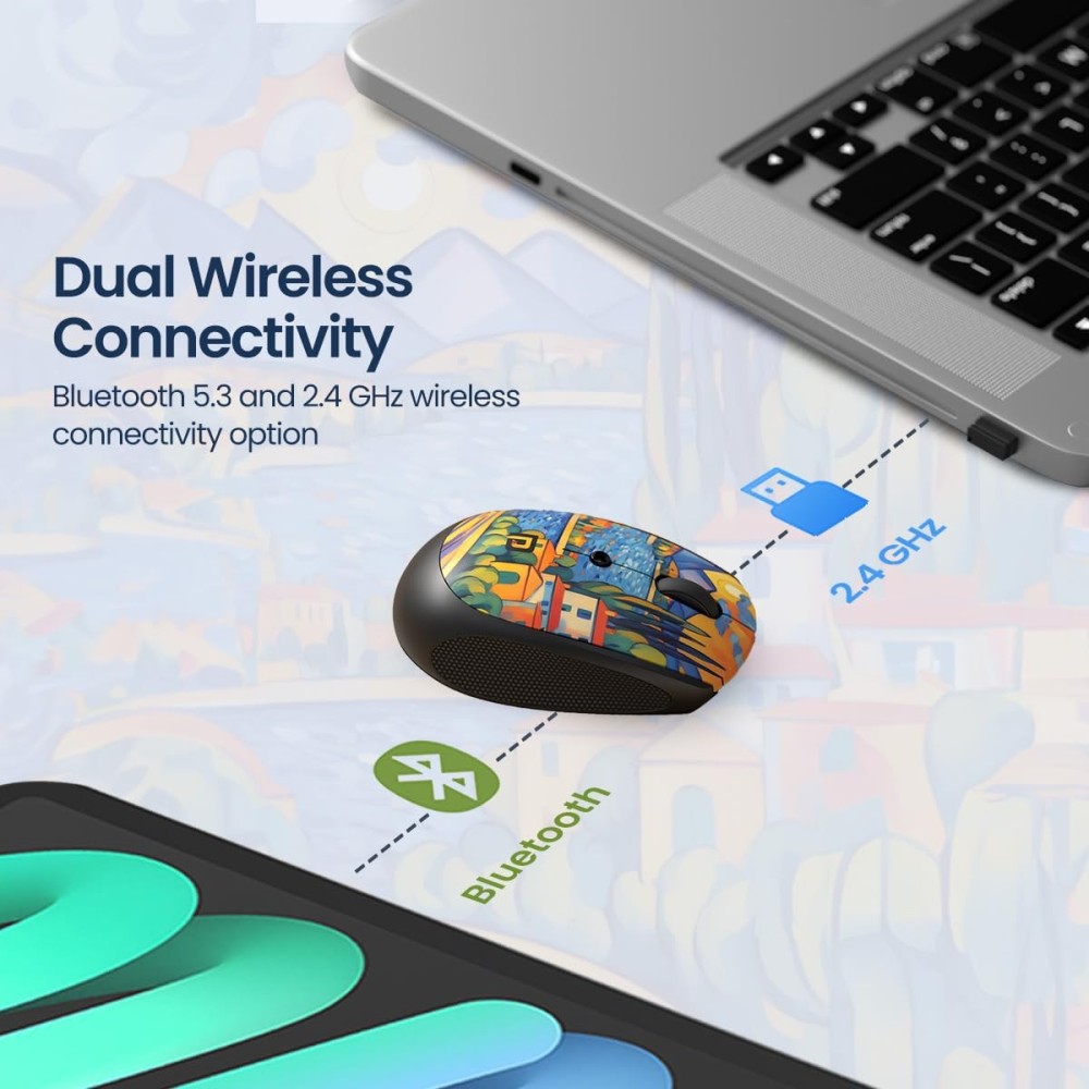 Portronics Toad III Plus Rechargeable Bluetooth & 2.4GHz Wireless Mouse with 6 Buttons, Soft Silicone Grip, Stylish Illustrated Design for Laptop, PC & Mac - (Black)