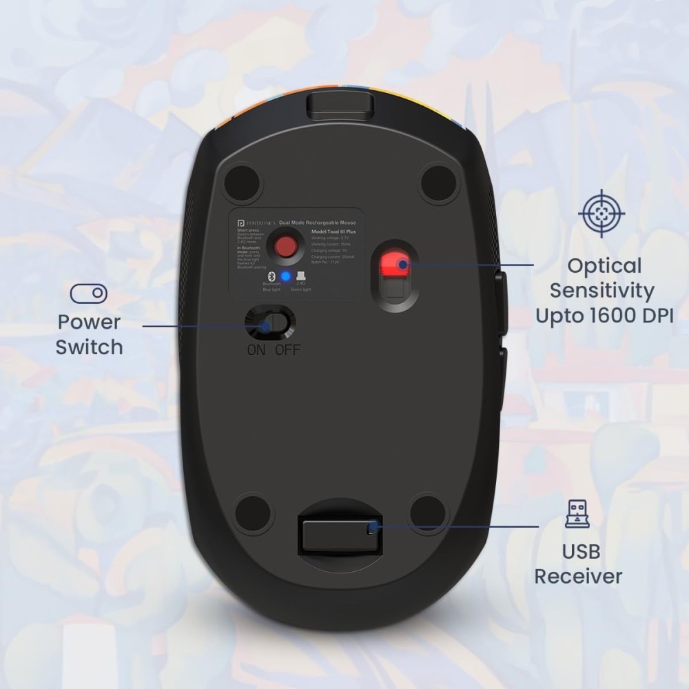 Portronics Toad III Plus Rechargeable Bluetooth & 2.4GHz Wireless Mouse with 6 Buttons, Soft Silicone Grip, Stylish Illustrated Design for Laptop, PC & Mac - (Black)
