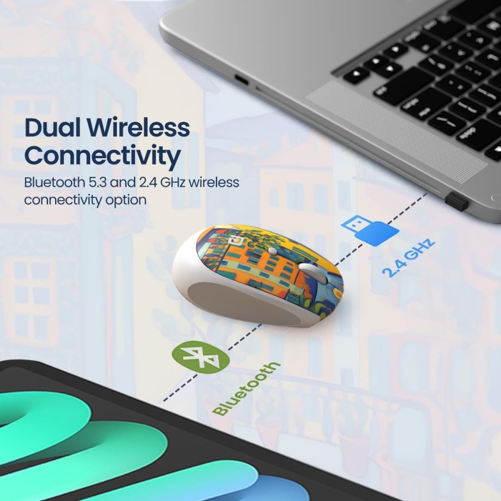Portronics Toad III Plus Rechargeable Bluetooth & 2.4GHz Wireless Mouse with 6 Buttons, Soft Silicone Grip, Stylish Illustrated Design for Laptop, PC & Mac - (White)