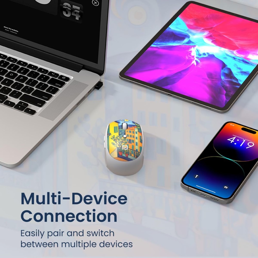 Portronics Toad III Plus Rechargeable Bluetooth & 2.4GHz Wireless Mouse with 6 Buttons, Soft Silicone Grip, Stylish Illustrated Design for Laptop, PC & Mac - (White)