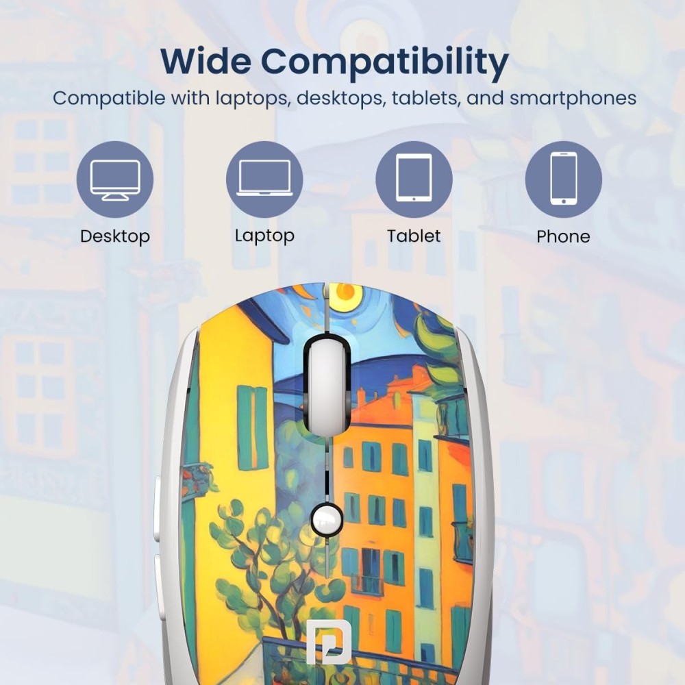 Portronics Toad III Plus Rechargeable Bluetooth & 2.4GHz Wireless Mouse with 6 Buttons, Soft Silicone Grip, Stylish Illustrated Design for Laptop, PC & Mac - (White)