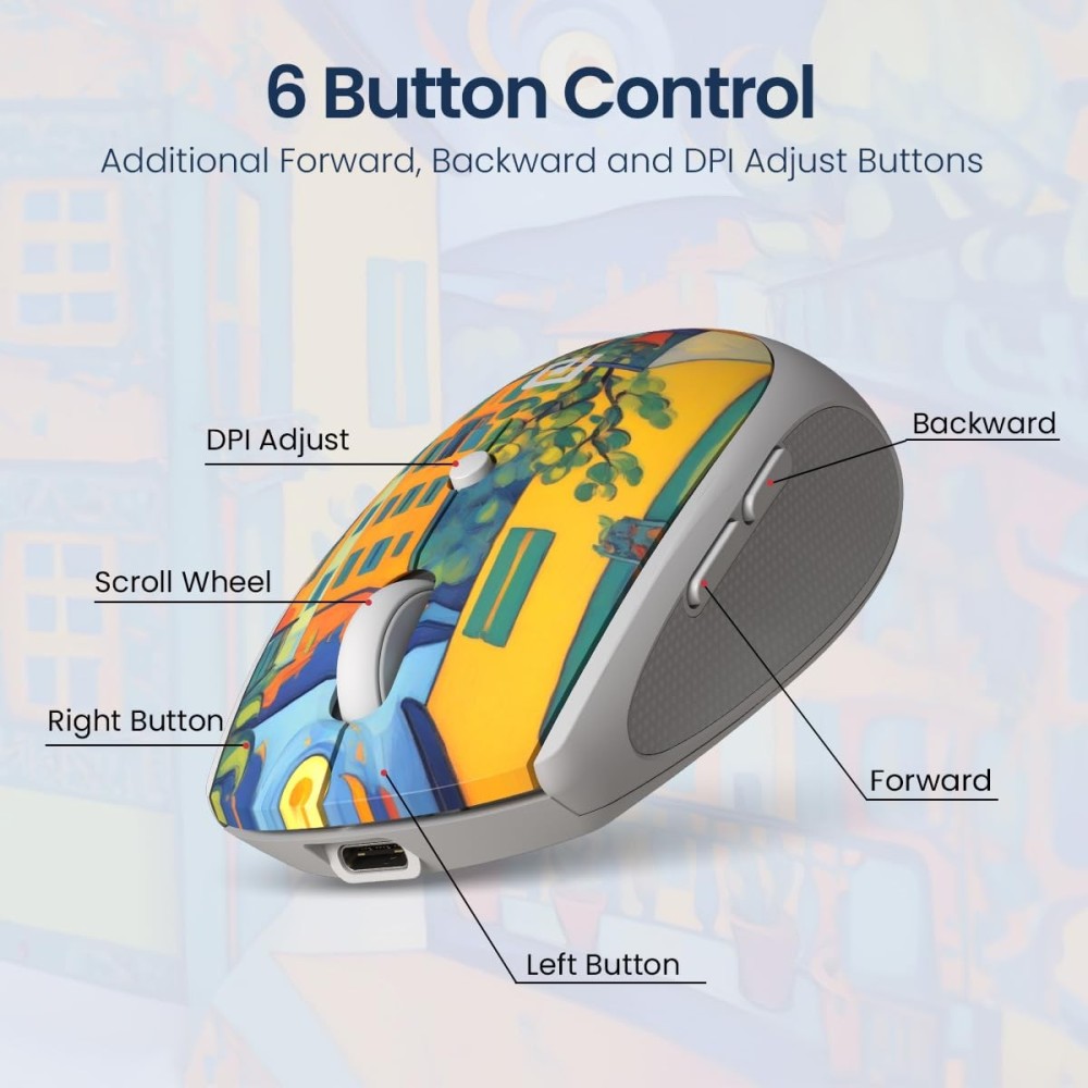Portronics Toad III Plus Rechargeable Bluetooth & 2.4GHz Wireless Mouse with 6 Buttons, Soft Silicone Grip, Stylish Illustrated Design for Laptop, PC & Mac - (White)