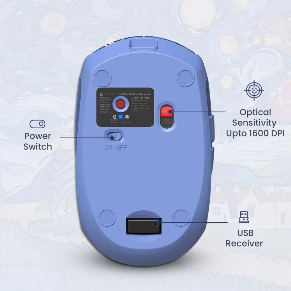 Portronics Toad III Plus Rechargeable Bluetooth & 2.4GHz Wireless Mouse with 6 Buttons, Soft Silicone Grip, Stylish Illustrated Design for Laptop, PC & Mac - (Blue)
