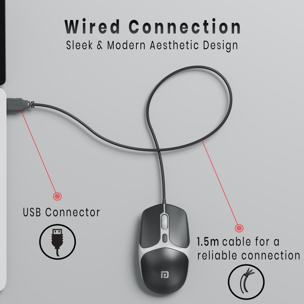 Portronics Toad 103 Wired Optical Mouse 2400 DPI, USB Plug & Play, Ambidextrous Ergonomic Mouse with 1.5m Cable, 30 Lakh Click Life for PC, Laptop & Mac - (Black)