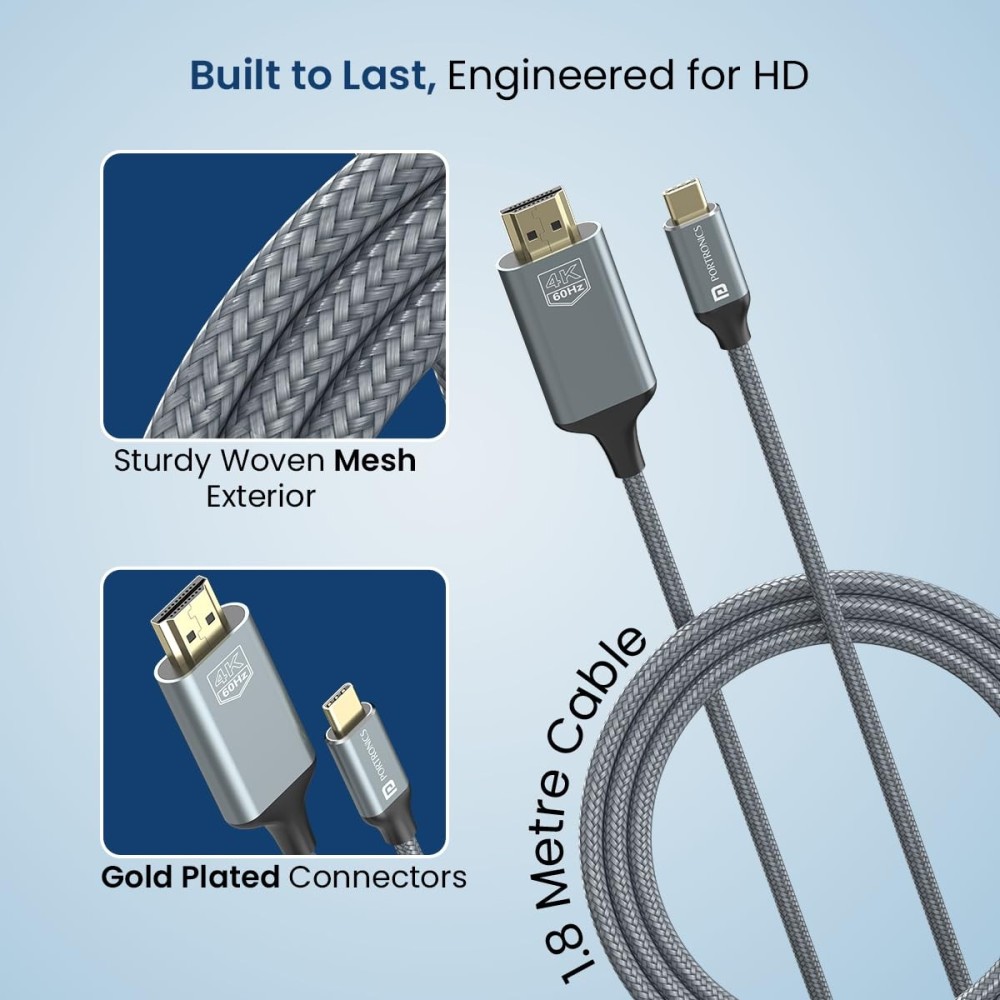 Portronics Konnect Vision C Type-C to HDMI Cable (4K 60Hz | 1.8M)