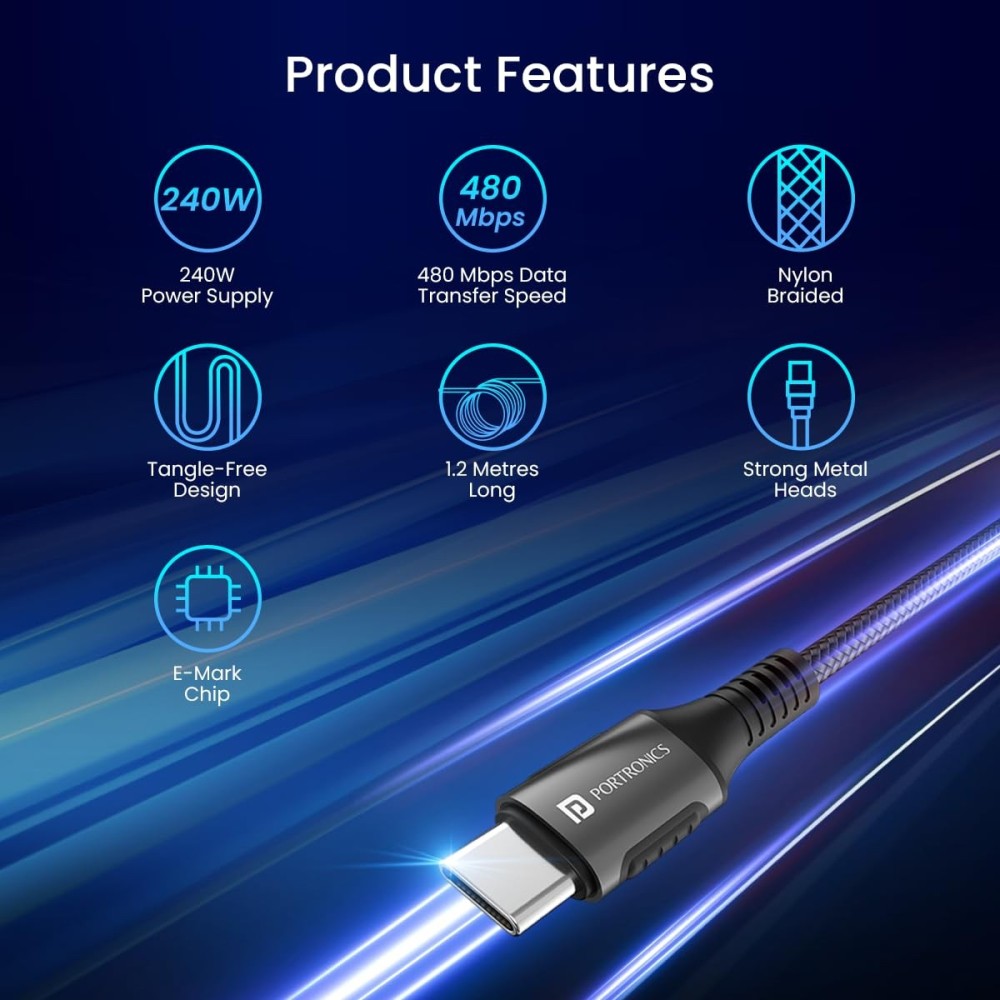 Portronics Konnect 240C 240W USB Type-C Fast Charging Cable (1.2M)