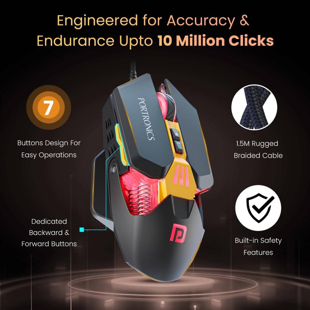 Portronics Vader 2.0 Wired Gaming Mouse, 7 Programmable Buttons, Up to 7100 DPI, RGB LED, 7000 FPS, 10 Million Clicks, USB Gaming Mouse - (Black)
