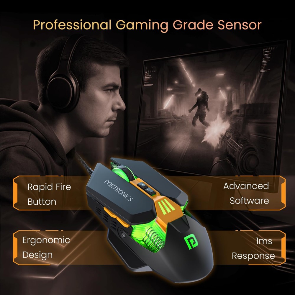 Portronics Vader 2.0 Wired Gaming Mouse, 7 Programmable Buttons, Up to 7100 DPI, RGB LED, 7000 FPS, 10 Million Clicks, USB Gaming Mouse - (Black)