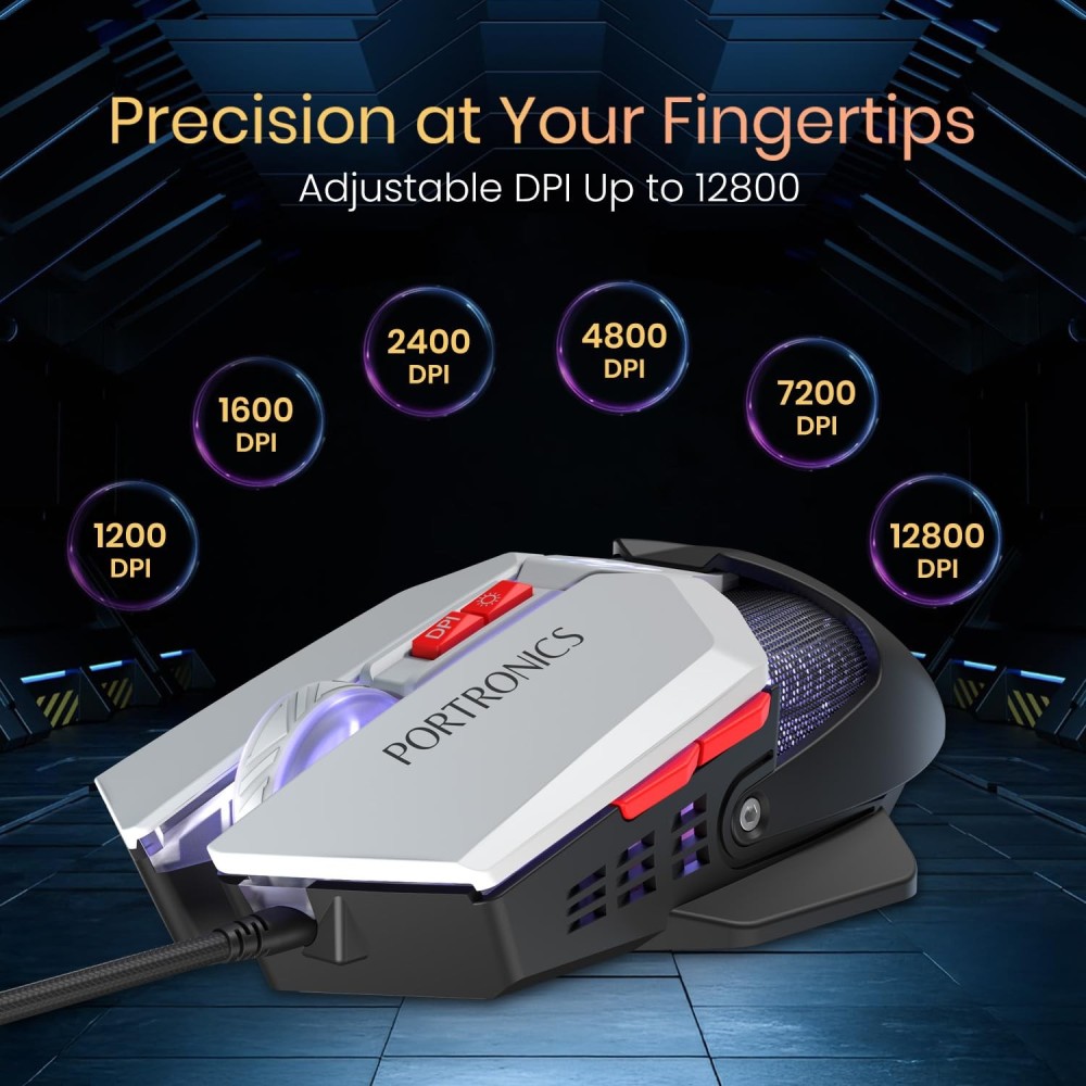 Portronics Vader X USB Wired Programmable Gaming Mouse with 12800 DPI, 7 Programmable Buttons, RGB Lighting, 1000Hz Polling Rate, 7000 FPS Sensor, 10 Million Clicks – (Black)