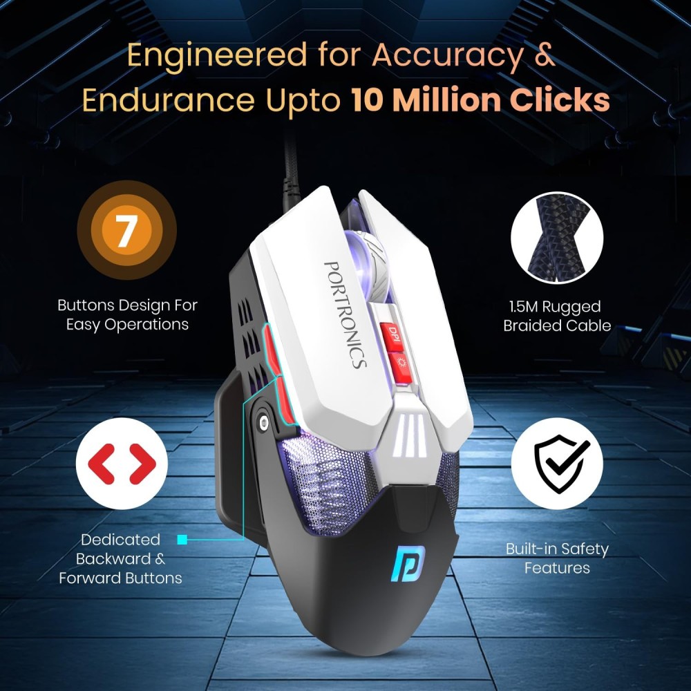 Portronics Vader X USB Wired Programmable Gaming Mouse with 12800 DPI, 7 Programmable Buttons, RGB Lighting, 1000Hz Polling Rate, 7000 FPS Sensor, 10 Million Clicks – (Black)