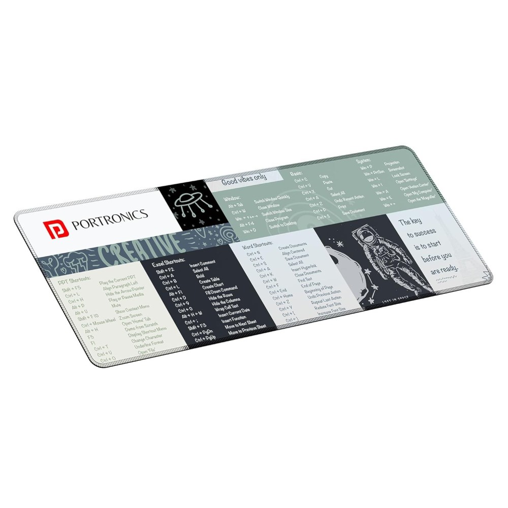Portronics Comfipad 2 Extended Mouse Pad with Windows Shortcuts Design, Non-Slip Rubber Base, Stitched Edges, Water-Resistant Smooth Surface for Gaming, Office & Home – (Grey)