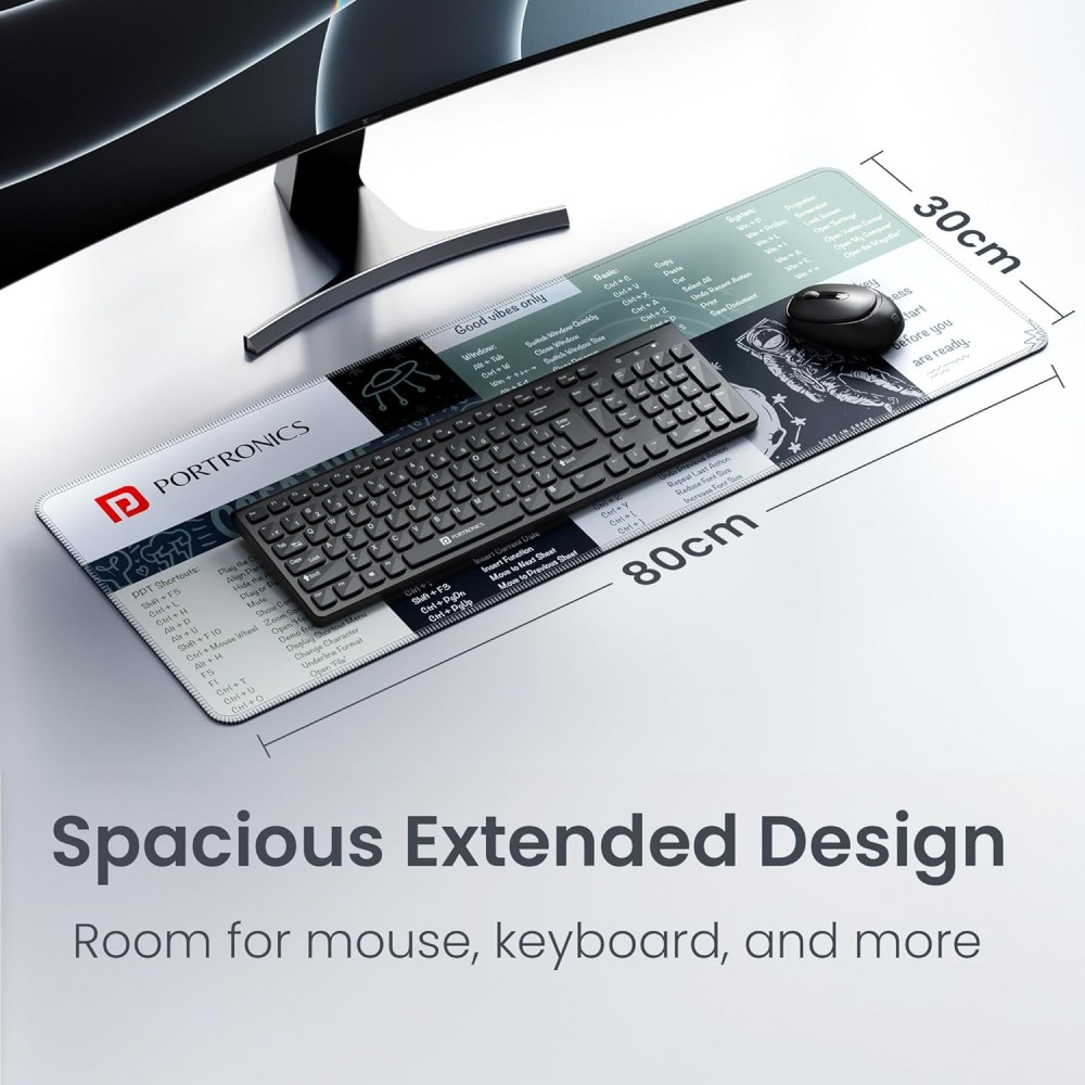 Portronics Comfipad 2 Extended Mouse Pad with Windows Shortcuts Design, Non-Slip Rubber Base, Stitched Edges, Water-Resistant Smooth Surface for Gaming, Office & Home – (Grey)