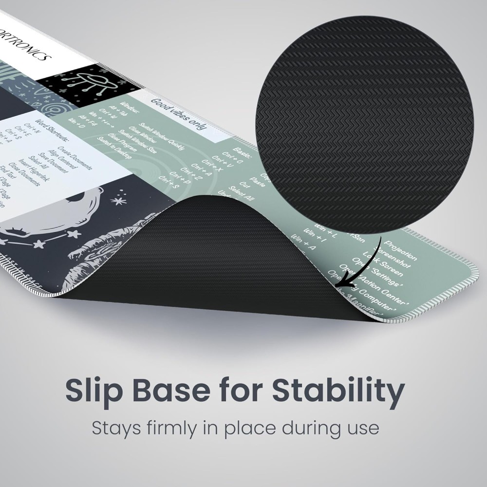 Portronics Comfipad 2 Extended Mouse Pad with Windows Shortcuts Design, Non-Slip Rubber Base, Stitched Edges, Water-Resistant Smooth Surface for Gaming, Office & Home – (Grey)