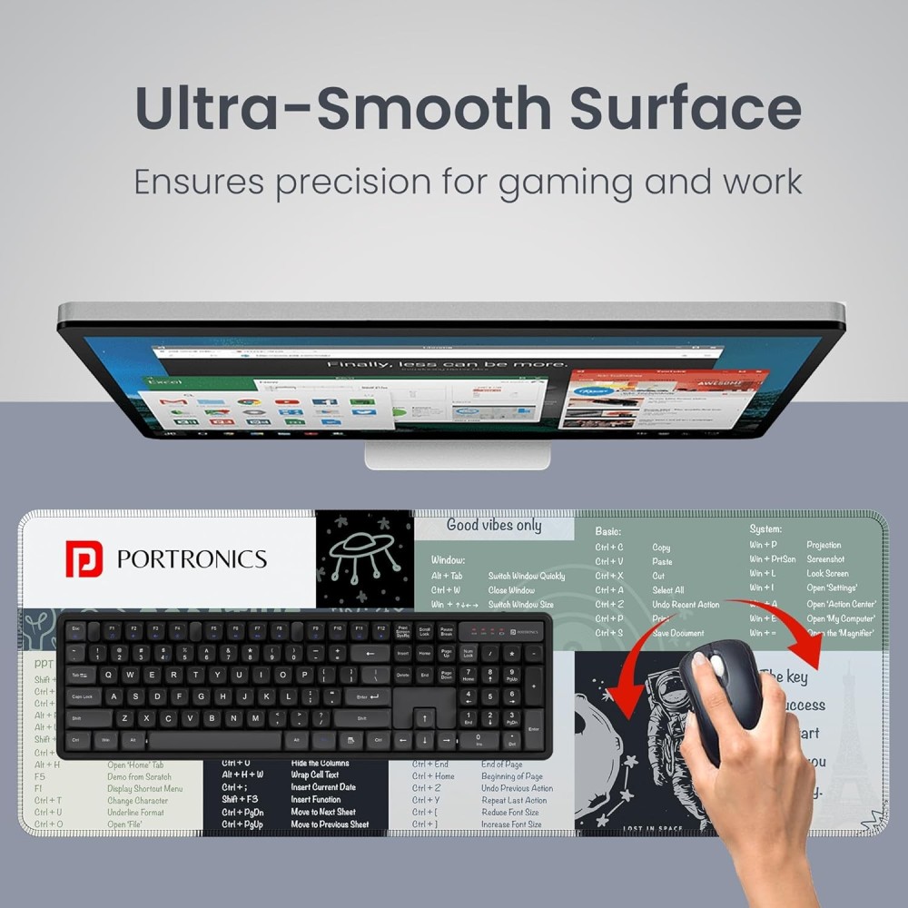 Portronics Comfipad 2 Extended Mouse Pad with Windows Shortcuts Design, Non-Slip Rubber Base, Stitched Edges, Water-Resistant Smooth Surface for Gaming, Office & Home – (Grey)