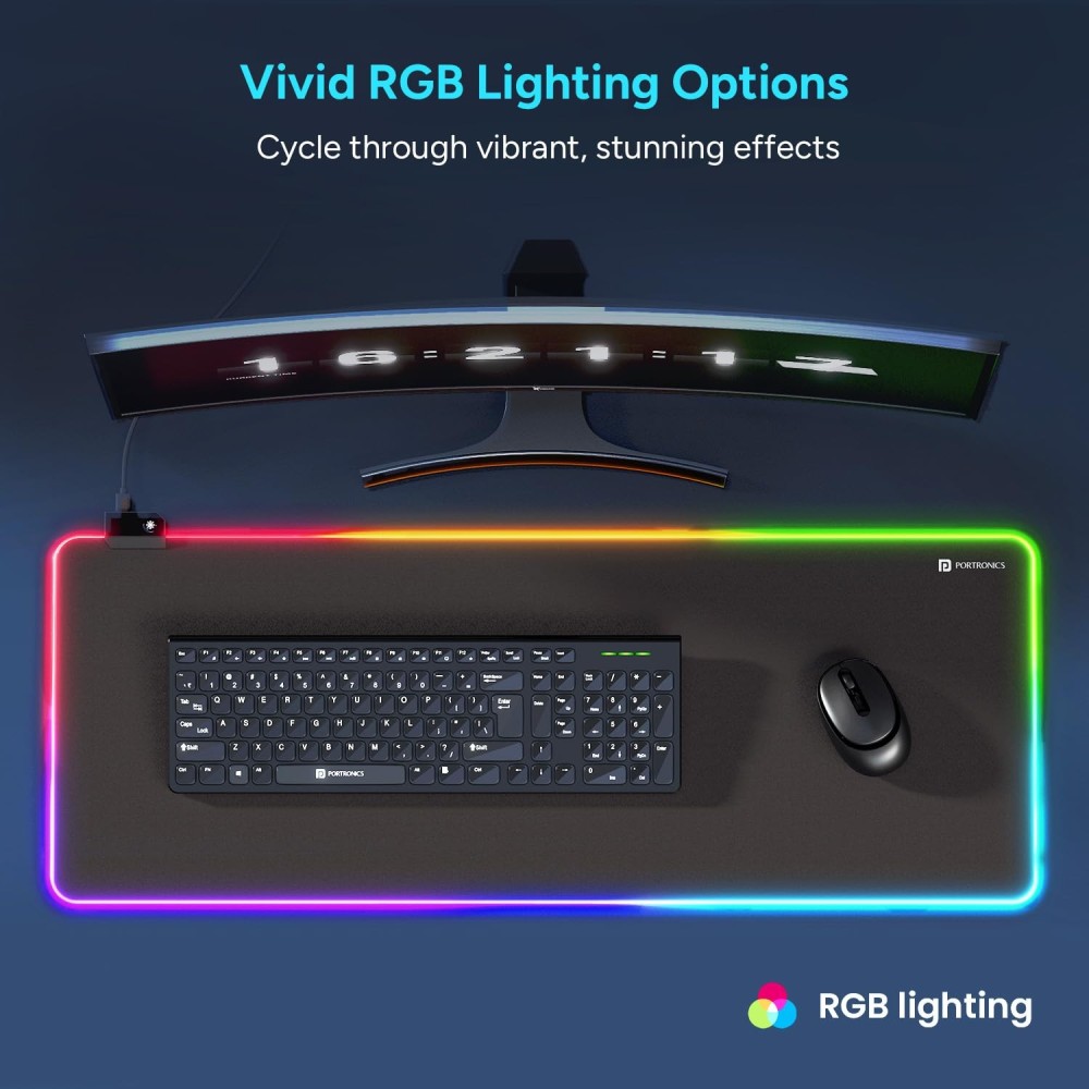 Portronics Comfipad Glow RGB Gaming Mouse Pad Large Extended Desk Mat with Non-Slip Base, Stitched Edges & High-Precision Surface for Gaming, Keyboard & Mouse - (Black)