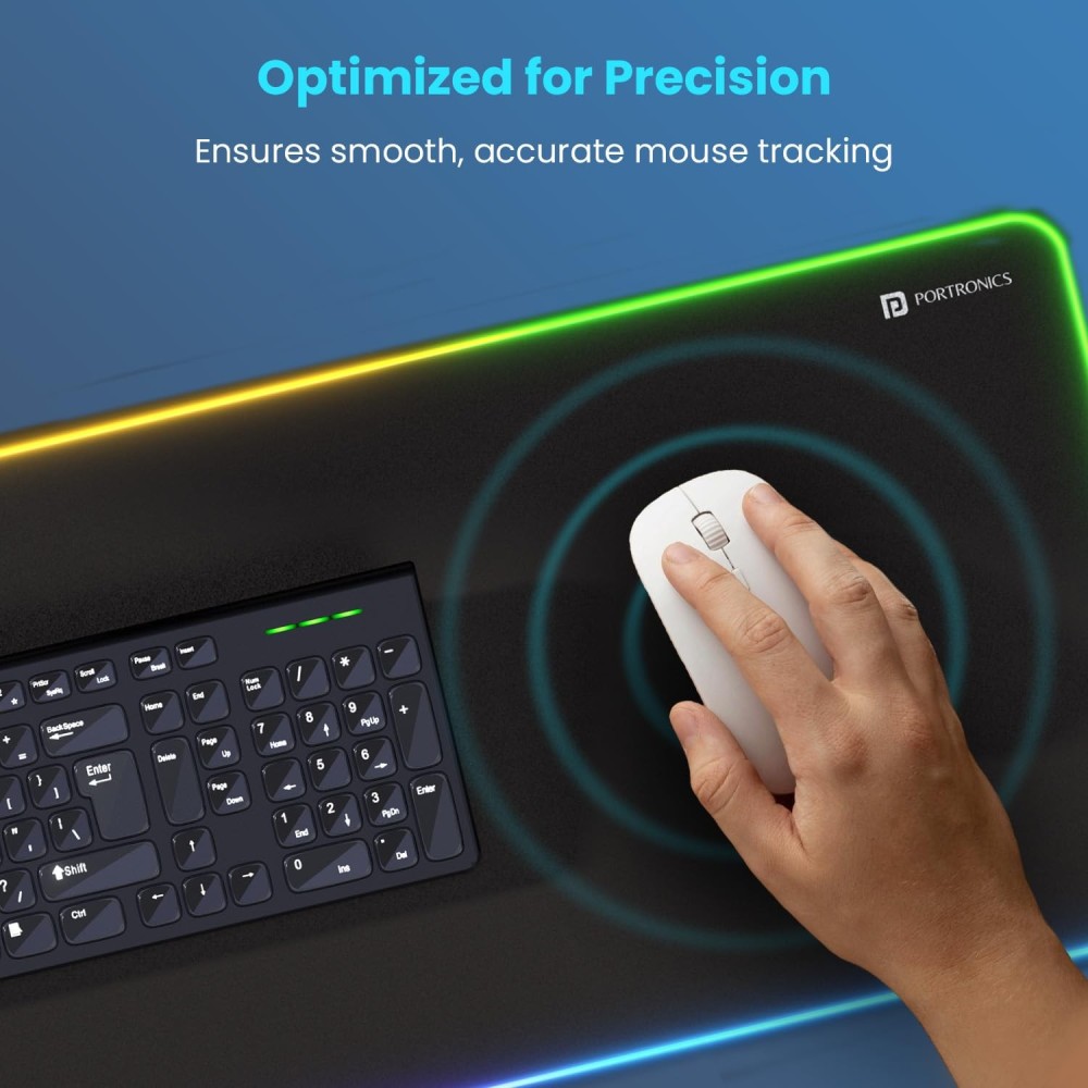 Portronics Comfipad Glow RGB Gaming Mouse Pad Large Extended Desk Mat with Non-Slip Base, Stitched Edges & High-Precision Surface for Gaming, Keyboard & Mouse - (Black)