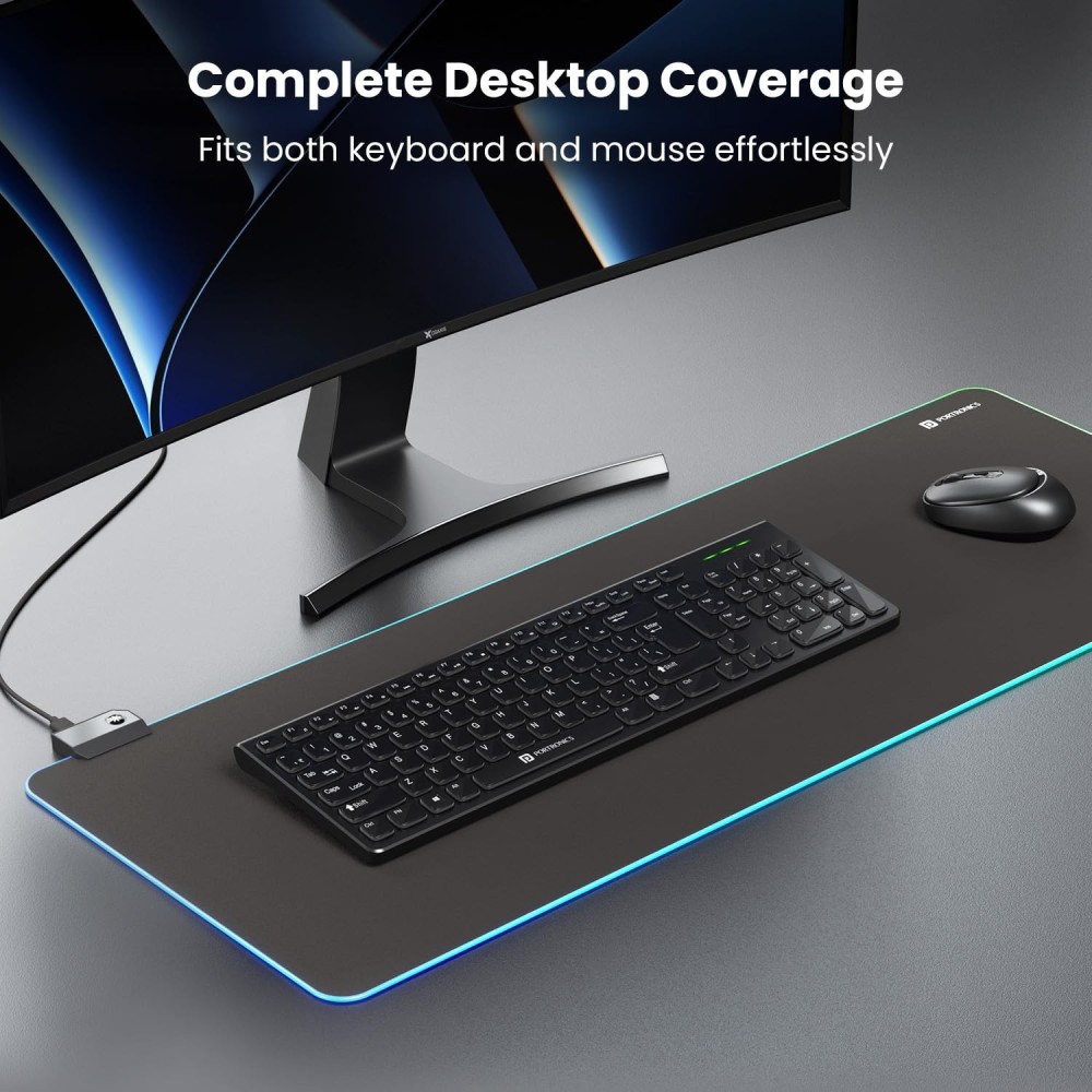 Portronics Comfipad Glow RGB Gaming Mouse Pad Large Extended Desk Mat with Non-Slip Base, Stitched Edges & High-Precision Surface for Gaming, Keyboard & Mouse - (Black)