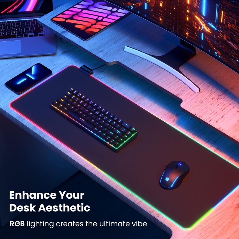 Portronics Comfipad Glow RGB Gaming Mouse Pad Large Extended Desk Mat with Non-Slip Base, Stitched Edges & High-Precision Surface for Gaming, Keyboard & Mouse - (Black)