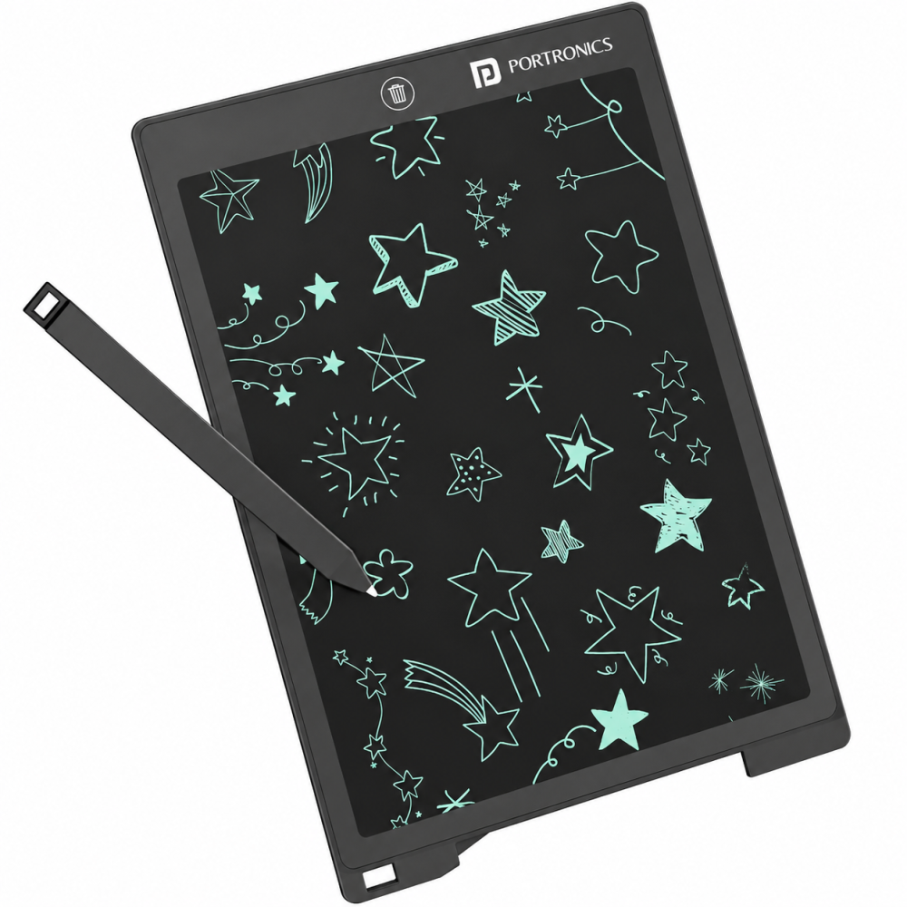Portronics Ruffpad 12D Re-Writeable 11.25 Inch LCD Writing Pad (28.6cm), Eco-Friendly Digital Writing Tablet with One-Touch Erase & Stylus – (Black)