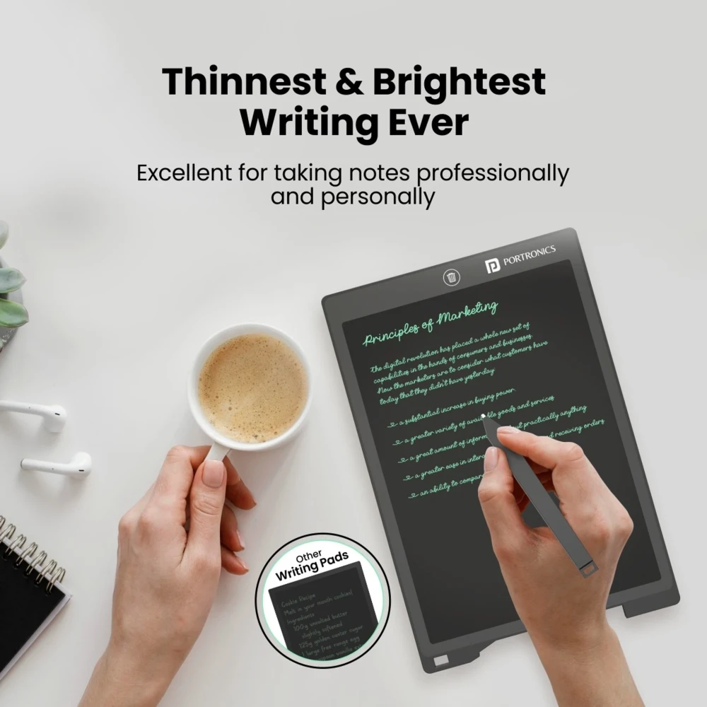 Portronics Ruffpad 12D Re-Writeable 11.25 Inch LCD Writing Pad (28.6cm), Eco-Friendly Digital Writing Tablet with One-Touch Erase & Stylus – (Black)