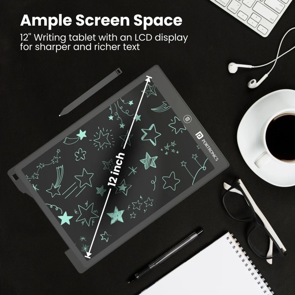 Portronics Ruffpad 12D Re-Writeable 11.25 Inch LCD Writing Pad (28.6cm), Eco-Friendly Digital Writing Tablet with One-Touch Erase & Stylus – (Black)