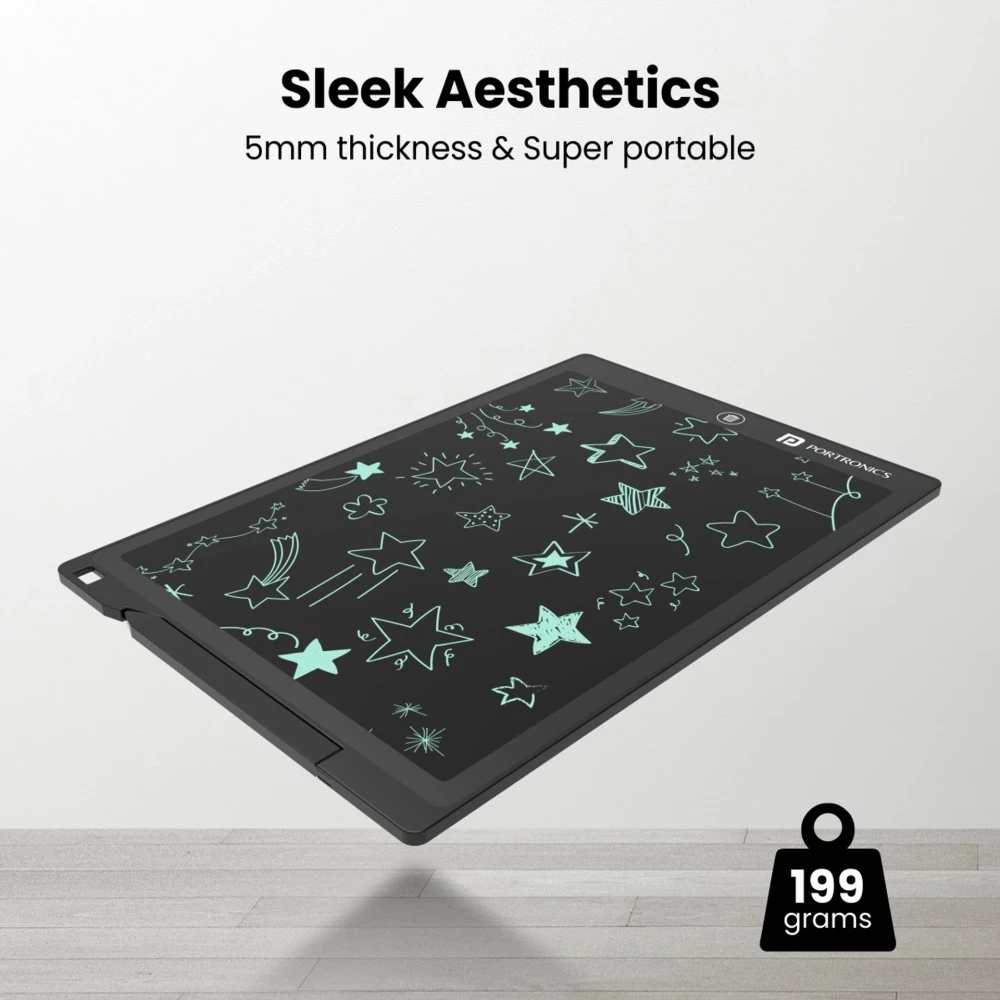 Portronics Ruffpad 12D Re-Writeable 11.25 Inch LCD Writing Pad (28.6cm), Eco-Friendly Digital Writing Tablet with One-Touch Erase & Stylus – (Black)