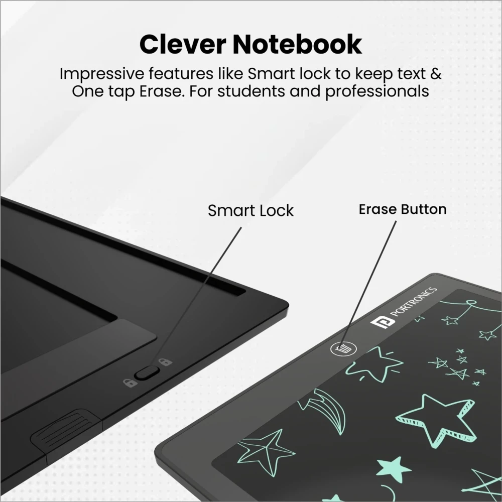 Portronics Ruffpad 12D Re-Writeable 11.25 Inch LCD Writing Pad (28.6cm), Eco-Friendly Digital Writing Tablet with One-Touch Erase & Stylus – (Black)